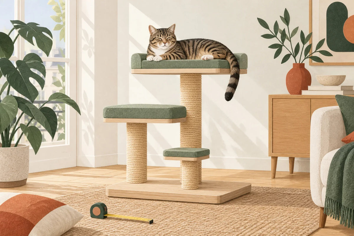 Illustration d’un chat allongé sur la plateforme d’un arbre à chat, avec un mètre posé au sol.