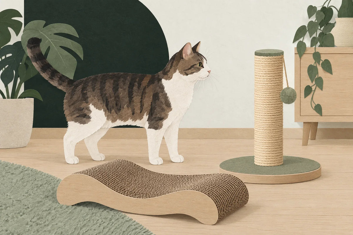 Un chat debout près d’un griffoir en carton et d’un poteau en sisal.