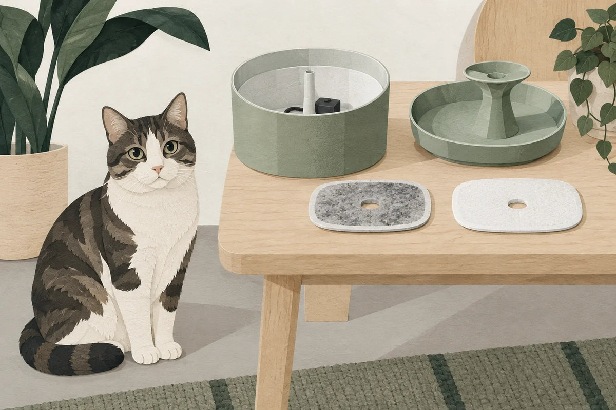 Une fontaine démontée et deux filtres sont posés sur une table près d’un chat.