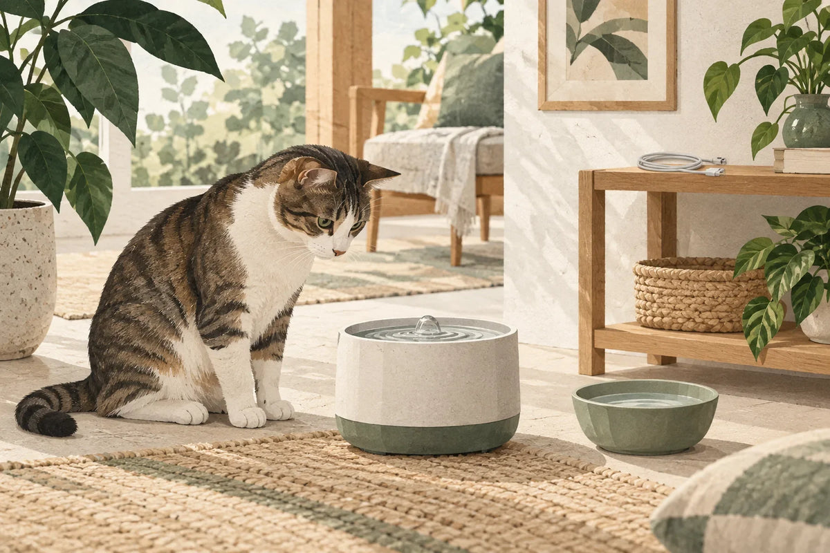 Chat près d’une fontaine autonome et d’un bol d’eau, câble de recharge posé à l’écart.