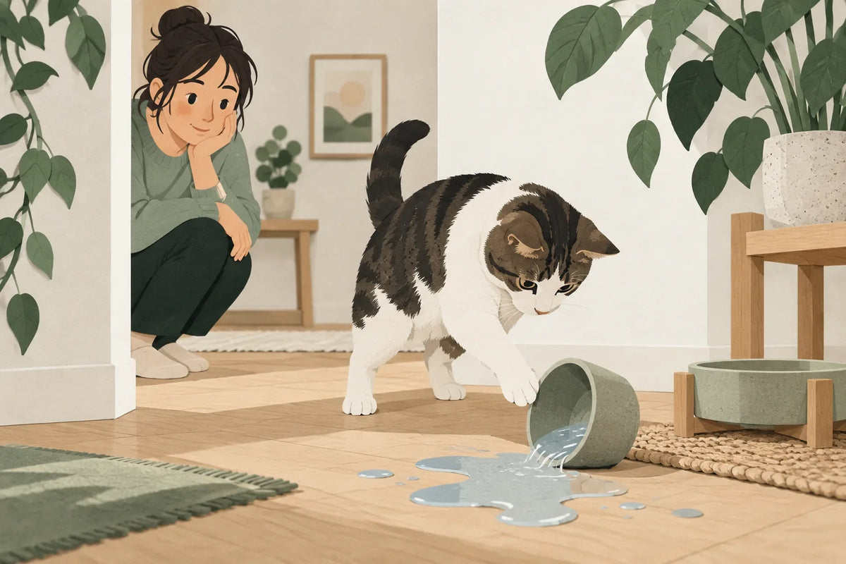 Un chat fait basculer une gamelle d’eau pendant qu’une personne l’observe.