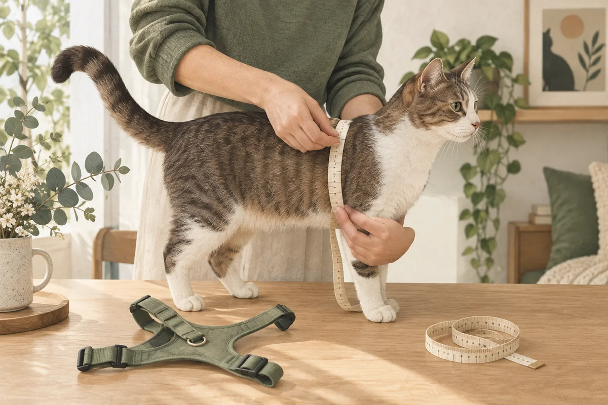 Prise de mesures autour du thorax d’un chat, avec un harnais posé à côté.