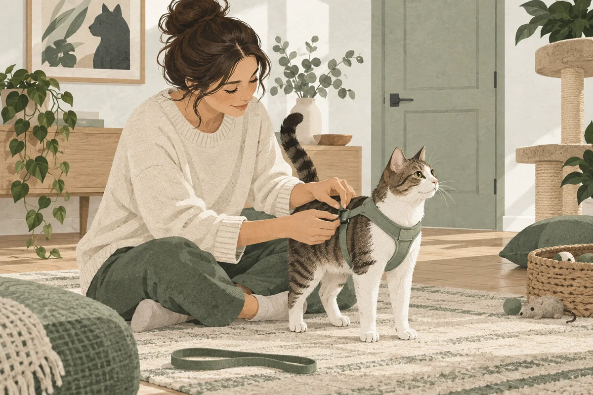 Une personne ferme doucement un harnais sur un chat, à l’intérieur.