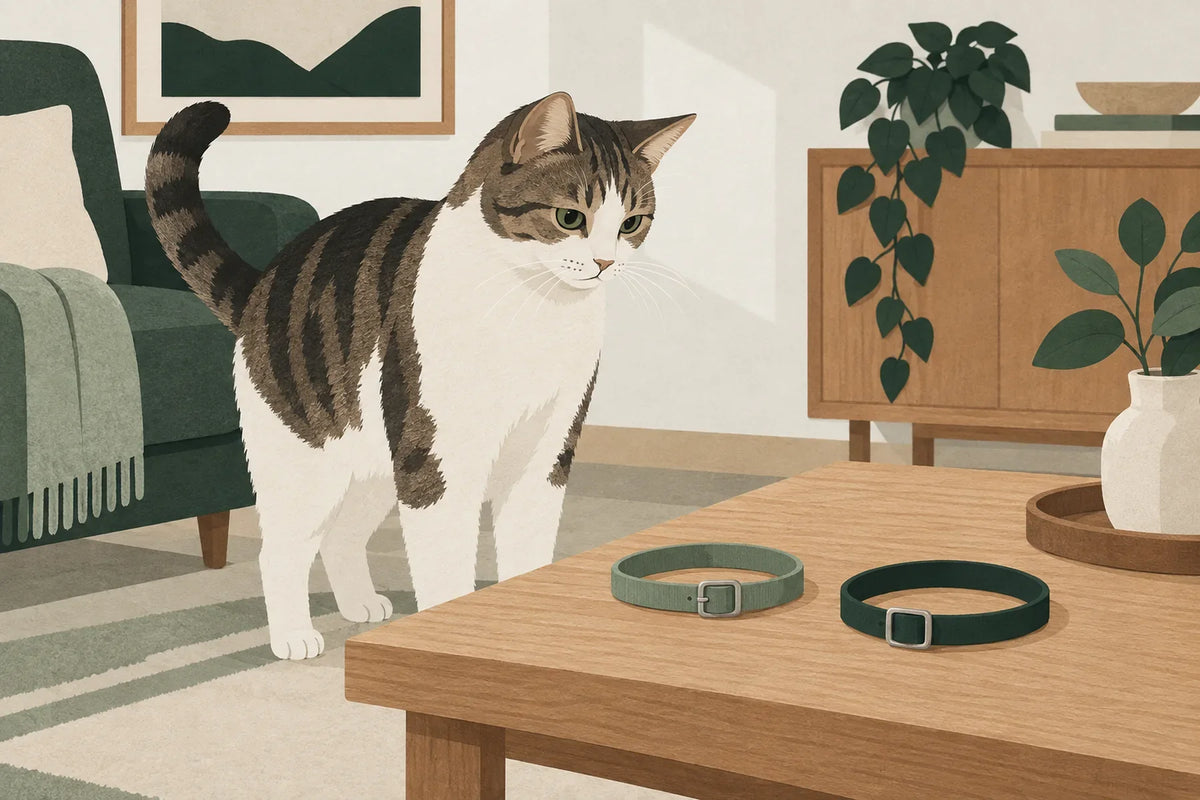 Un chat observe deux colliers fermés posés sur une table.