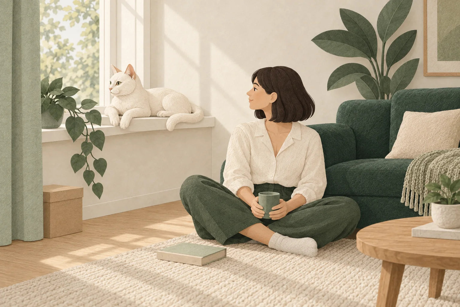 Julie près du canapé, Moka à la fenêtre : un salon partagé.