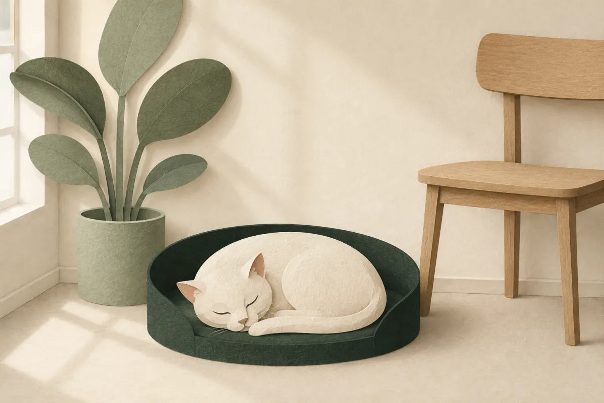 Illustration en papier découpé : un chat endormi dans son panier, près d’une chaise.