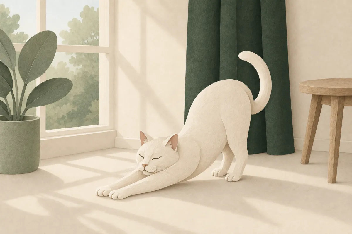 Un chat s’étire près d’une fenêtre, dans un intérieur calme.