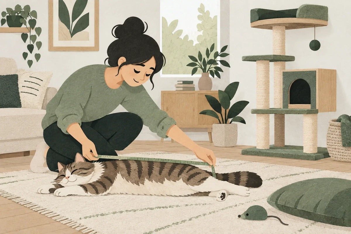 Une personne mesure un chat allongé près d’un arbre à chat.