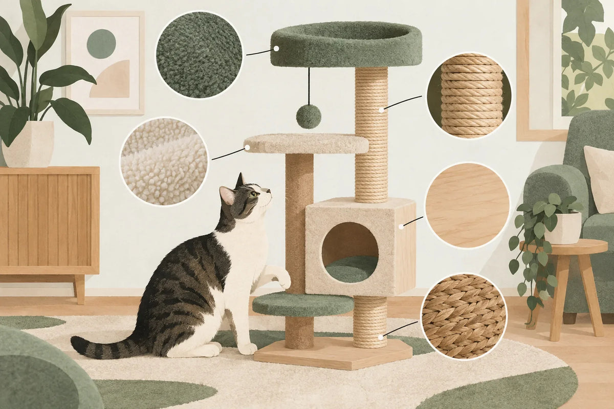 Un chat près d’un arbre à chat entouré de détails de ses différentes matières.