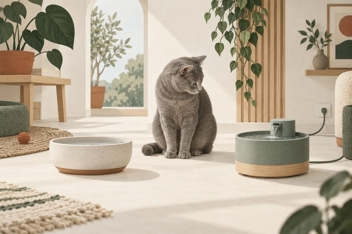 Illustration d’un chat assis entre une gamelle d’eau et une petite fontaine.