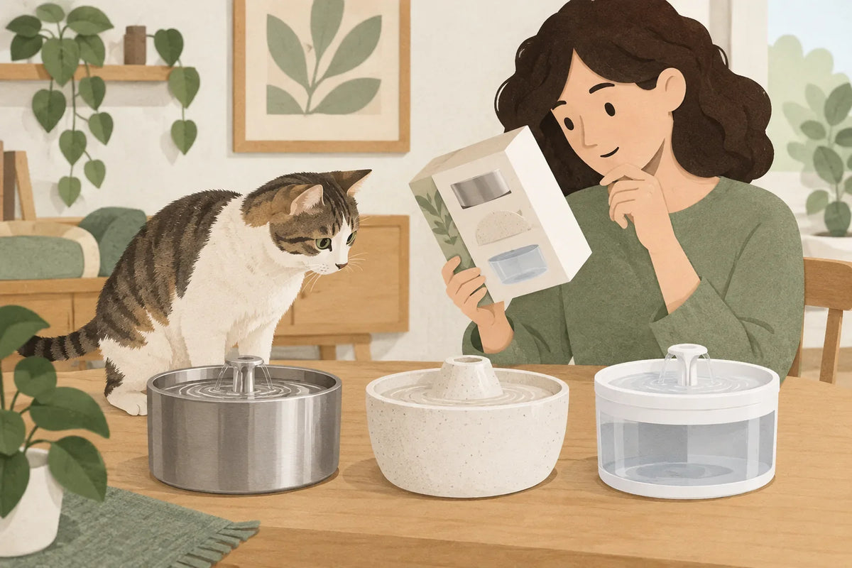 Une personne compare trois fontaines d’aspects métallique, céramique et plastique près d’un chat.