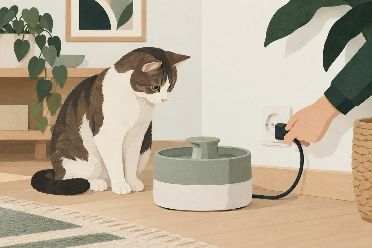Une main retire la fiche d’alimentation d’une fontaine arrêtée, sous le regard d’un chat.