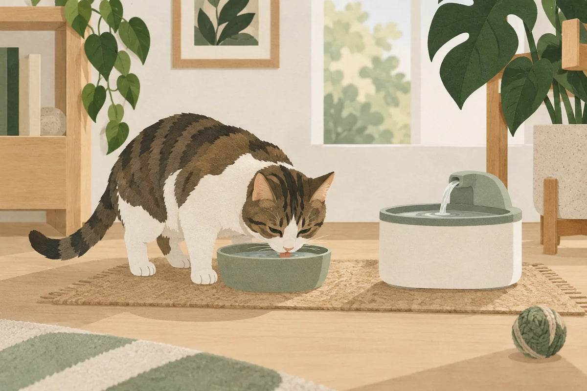 Un chat boit dans sa gamelle habituelle à côté d’une fontaine à eau.