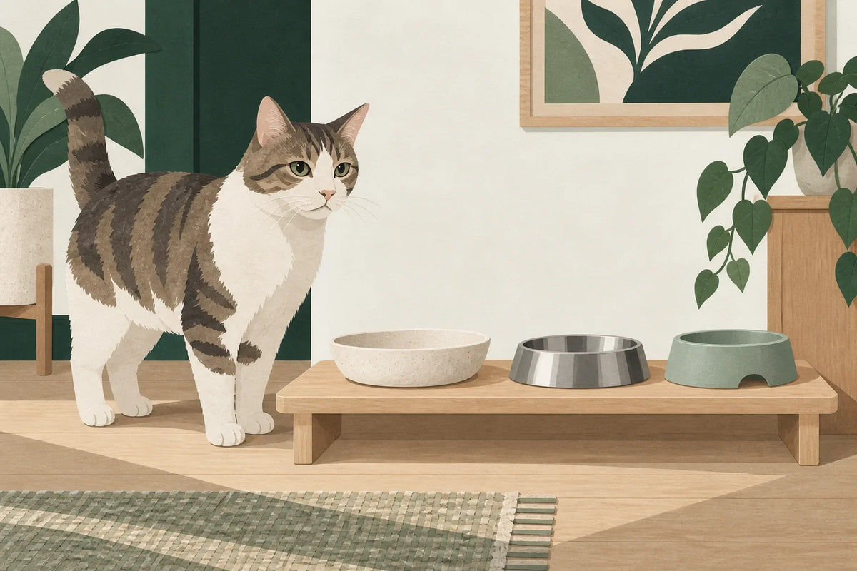 Un chat près de trois gamelles vides disposées sur un support bas.