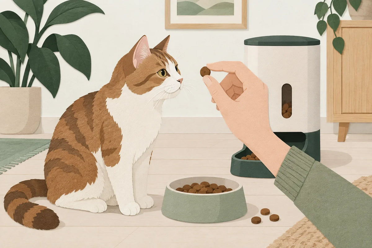 Une main tient une croquette près d’un chat, avec un distributeur et une gamelle à proximité.