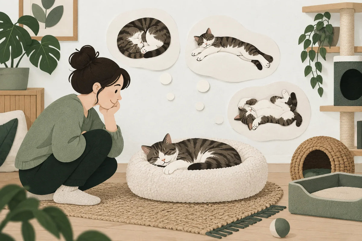 Une personne observe un chat dans son panier, avec plusieurs positions de repos illustrées.