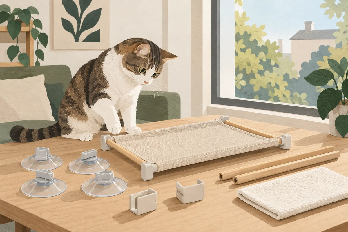 Un chat observe un hamac et des pièces de fixation disposés sur une table près d’une fenêtre.