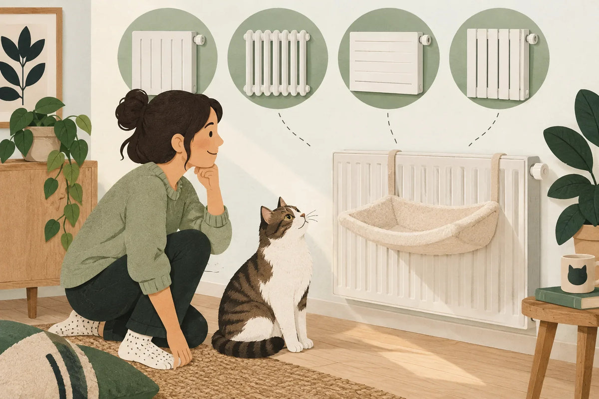 Une personne et un chat observent un hamac de radiateur, avec plusieurs formes de radiateurs illustrées.