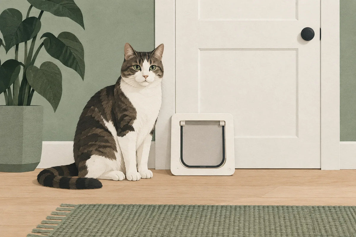 Un chat assis près d’une chatière détachée, posée devant une porte.