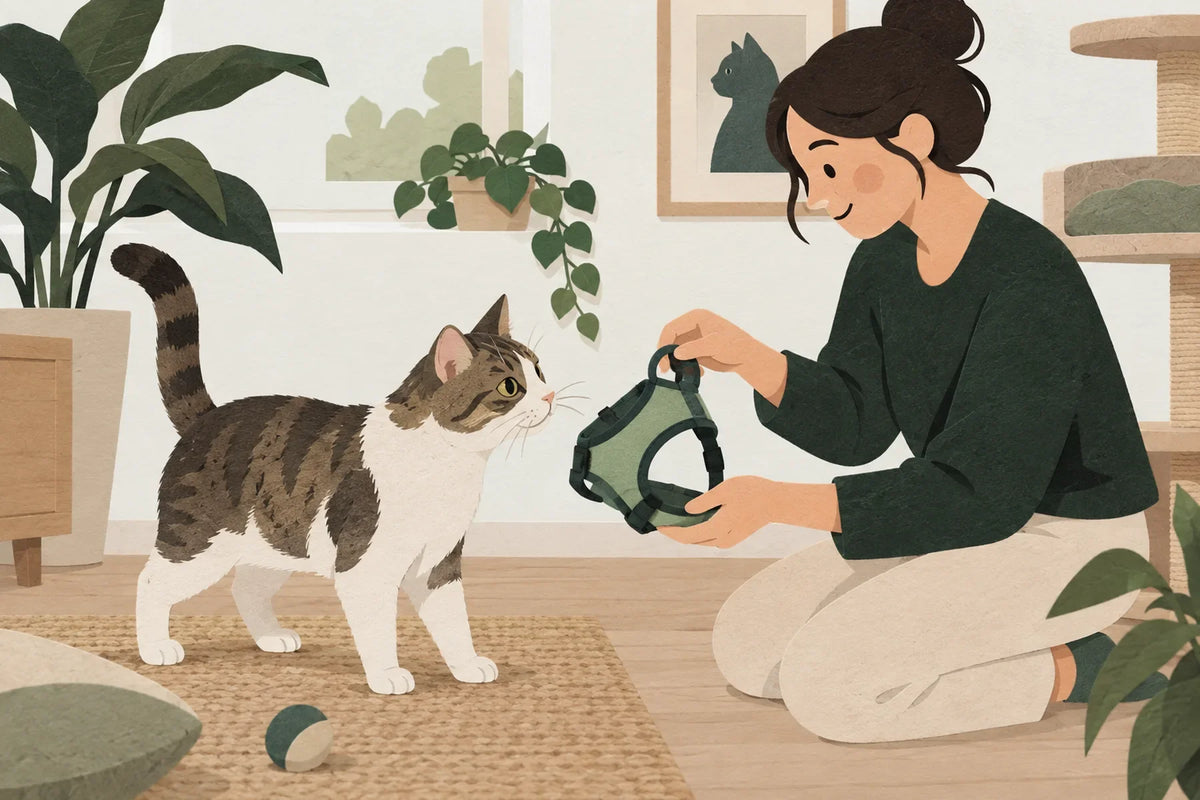 Une personne présente un harnais à un chat qui s’en approche.