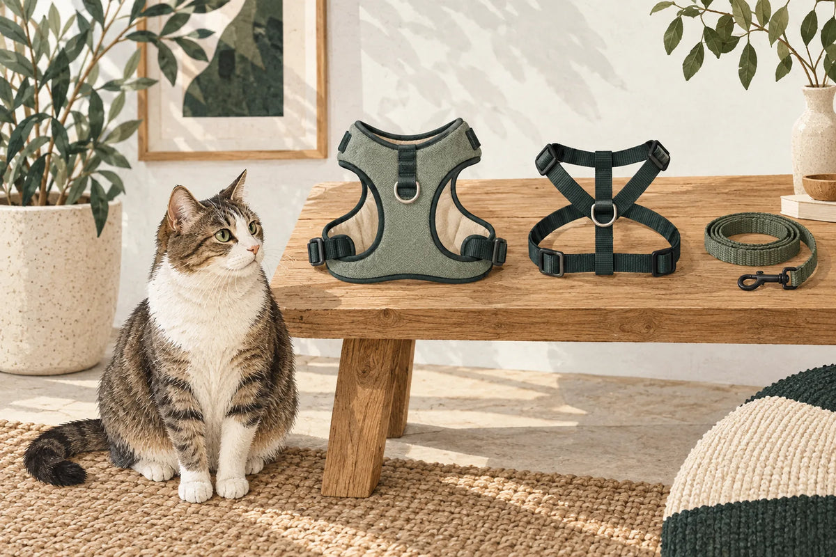 Un harnais gilet et un harnais à sangles présentés à côté d’un chat.