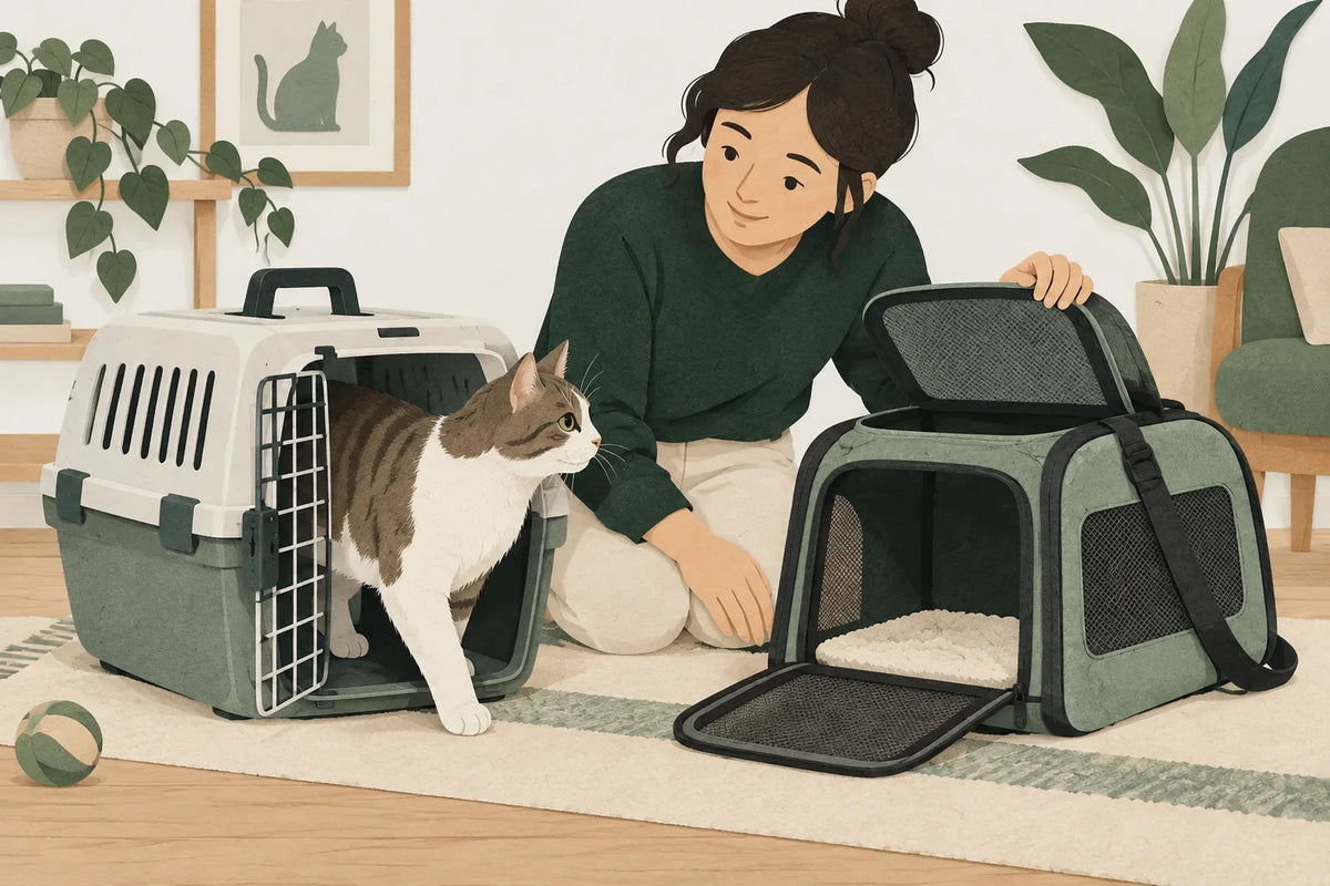 Un chat sort d’une caisse rigide près d’un sac de transport ouvert.