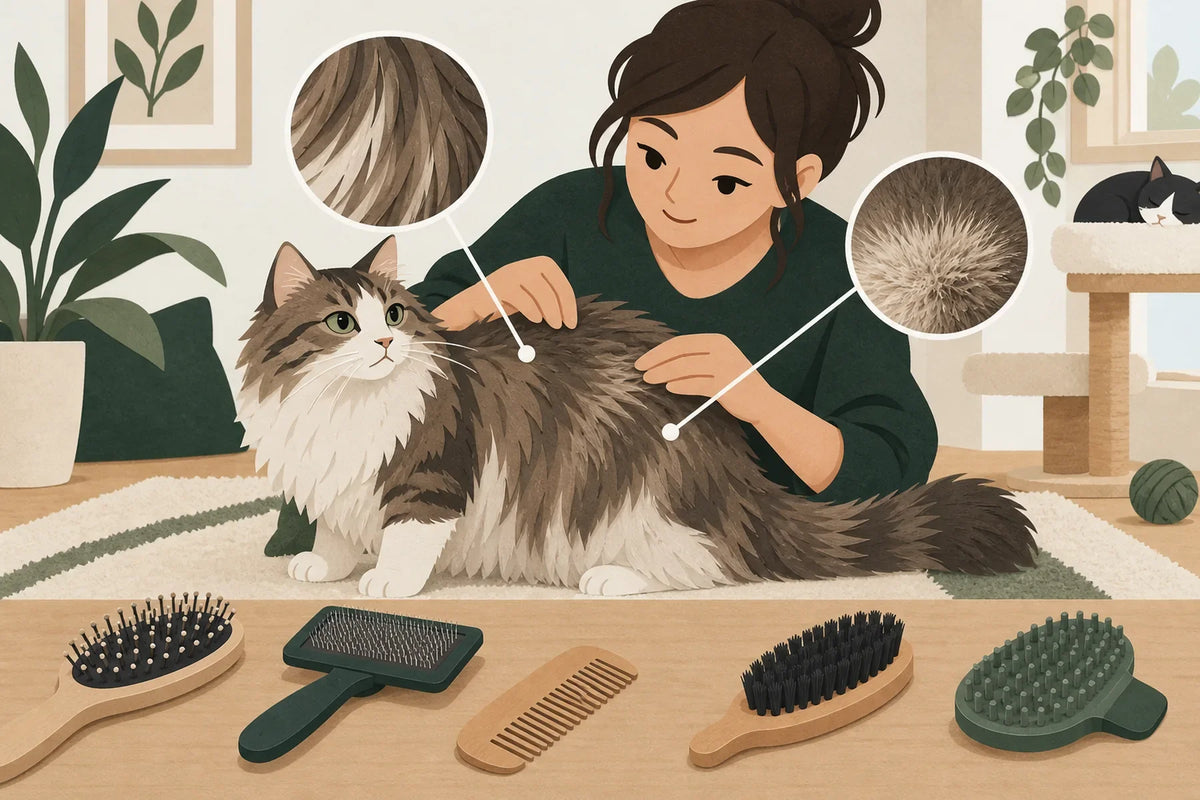 Une personne observe le pelage d’un chat à poil long devant plusieurs brosses et un peigne.