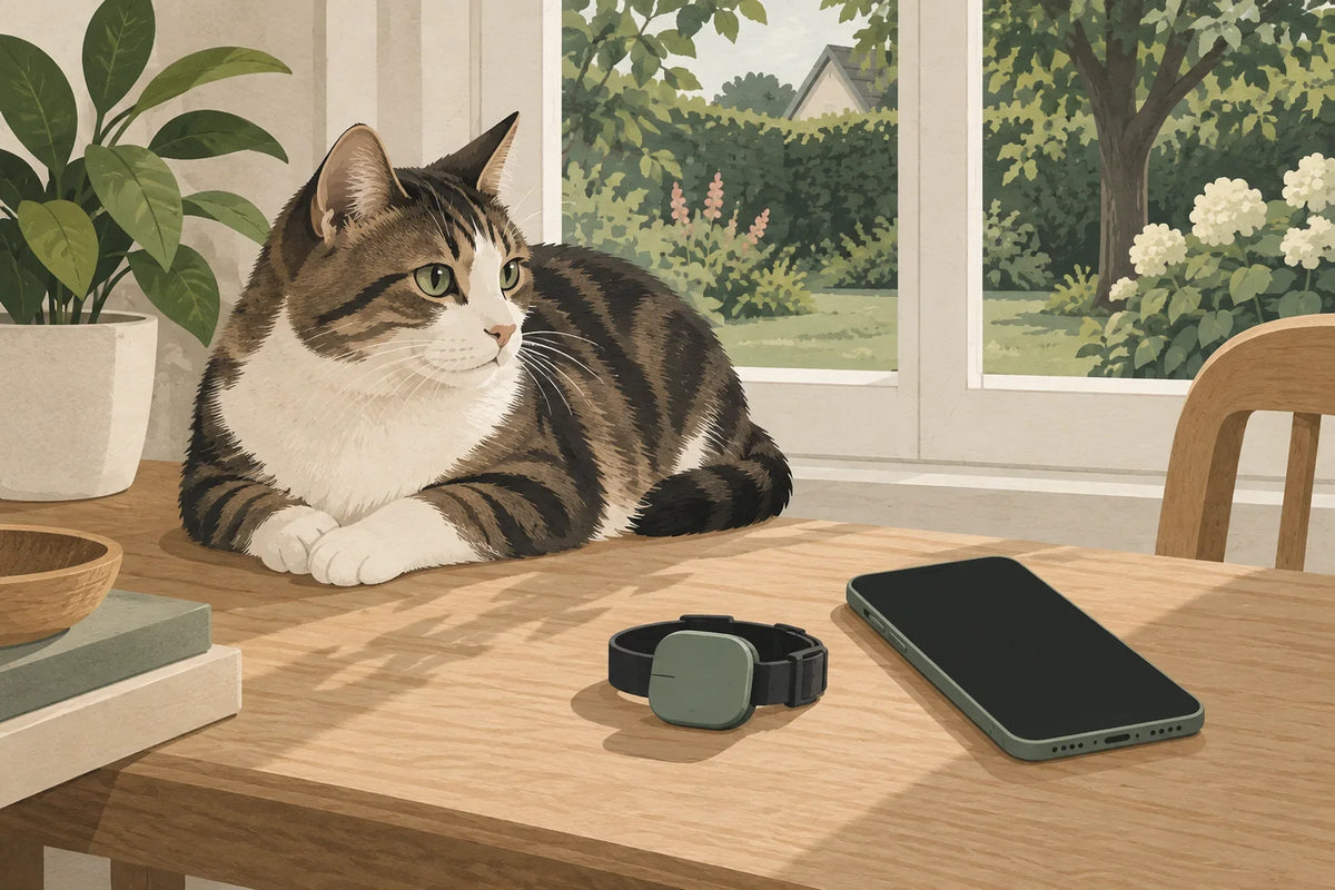 Un chat repose près d’un traceur sur collier et d’un téléphone à écran éteint.