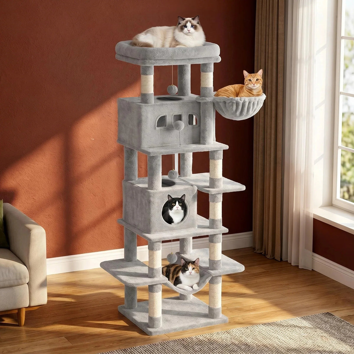 Arbre à chat XXL 210 cm, 8 griffoirs