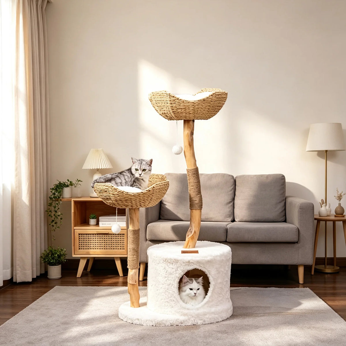 Arbre à chat design bohème-chic en bois et osier