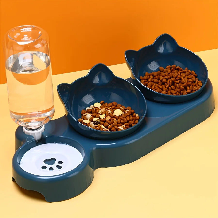 Double gamelle chat 3-en-1, eau et nourriture