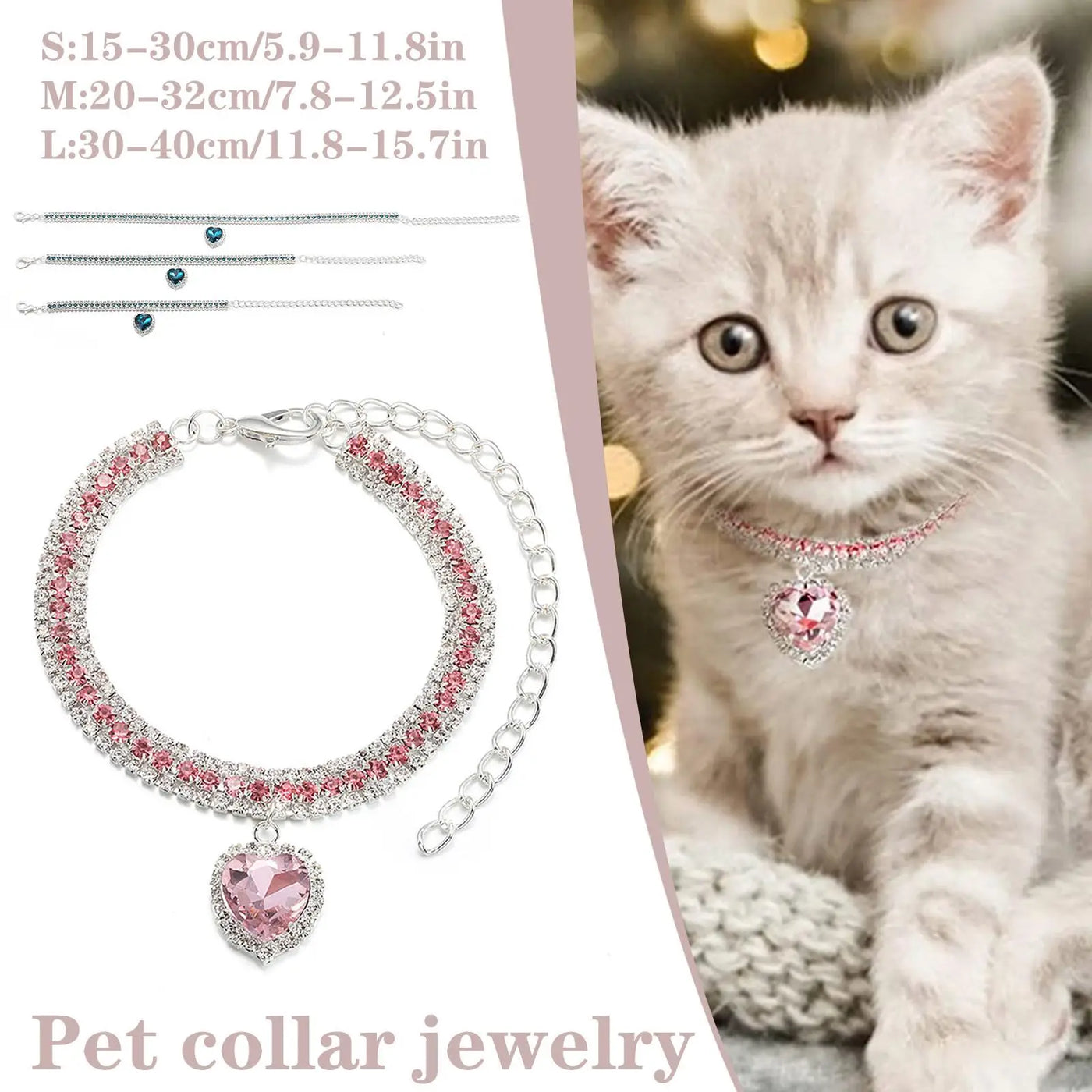 Collier de luxe pour chat en strass, pendentif cœur en cristal