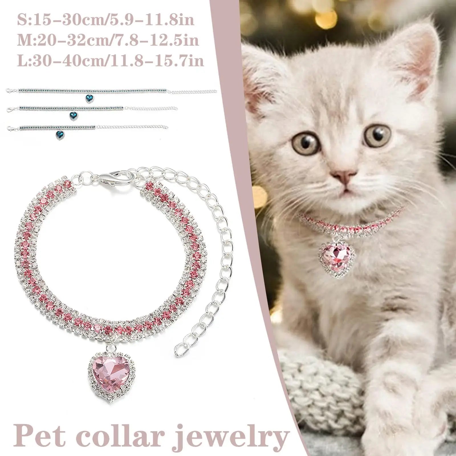 Collier de luxe pour chat en strass, pendentif cœur en cristal