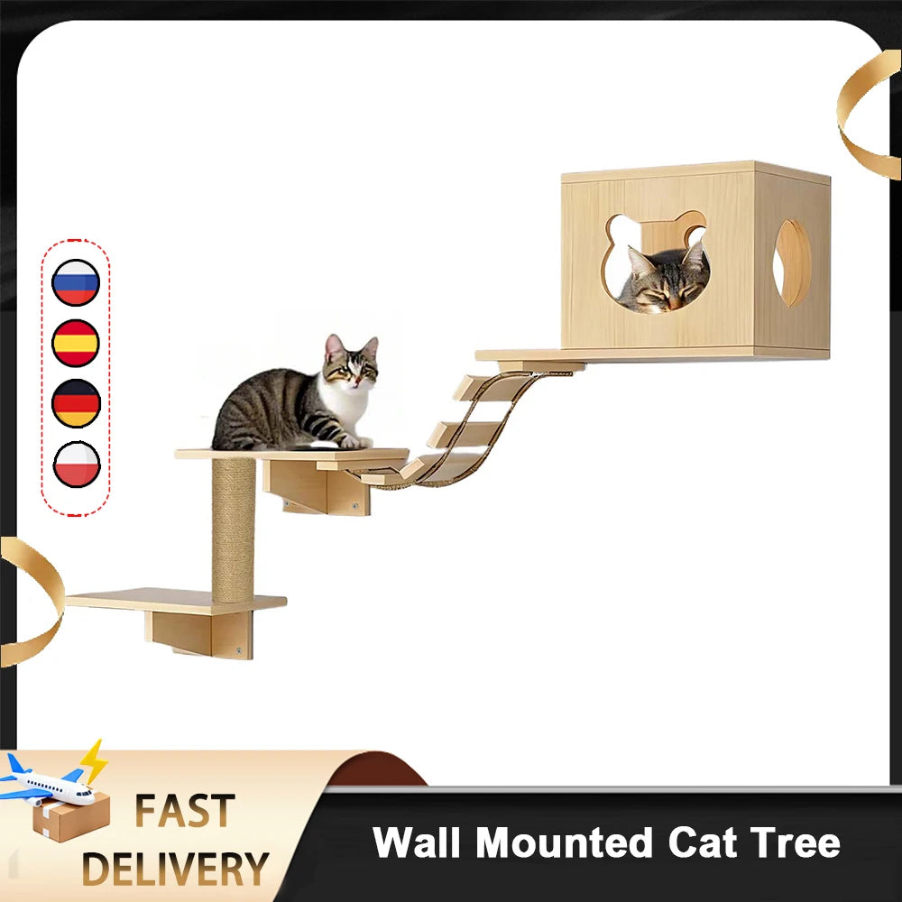 Arbre à chat mural design scandinave en bois
