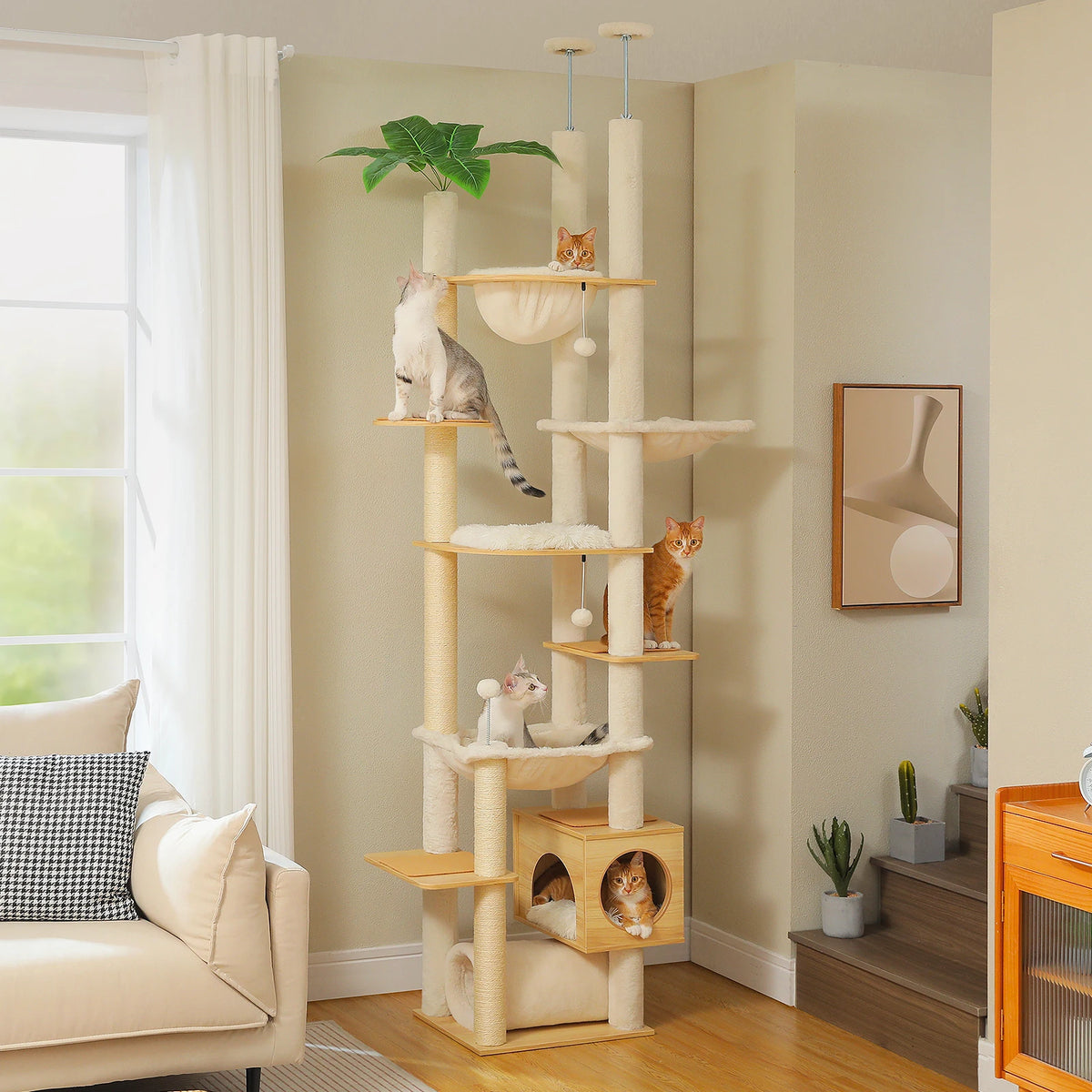 Arbre à chat en bois naturel, hauteur réglable