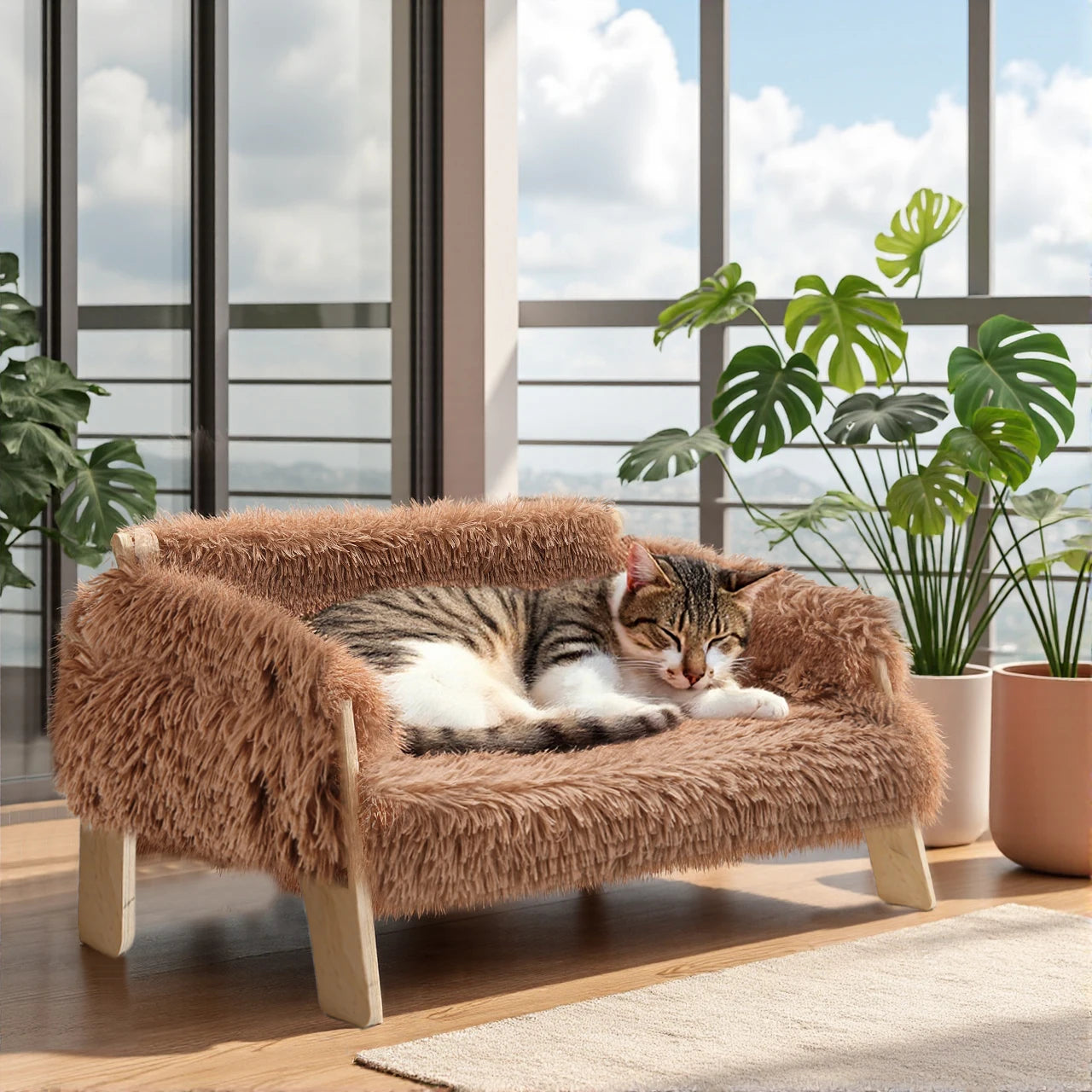 Grand panier pour chat surélevé, pieds en bois