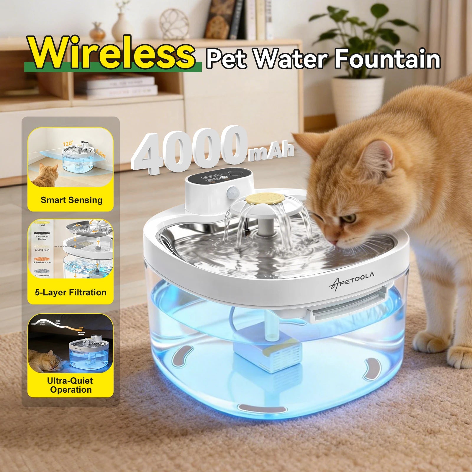 Fontaine à eau chat sans fil sur batterie