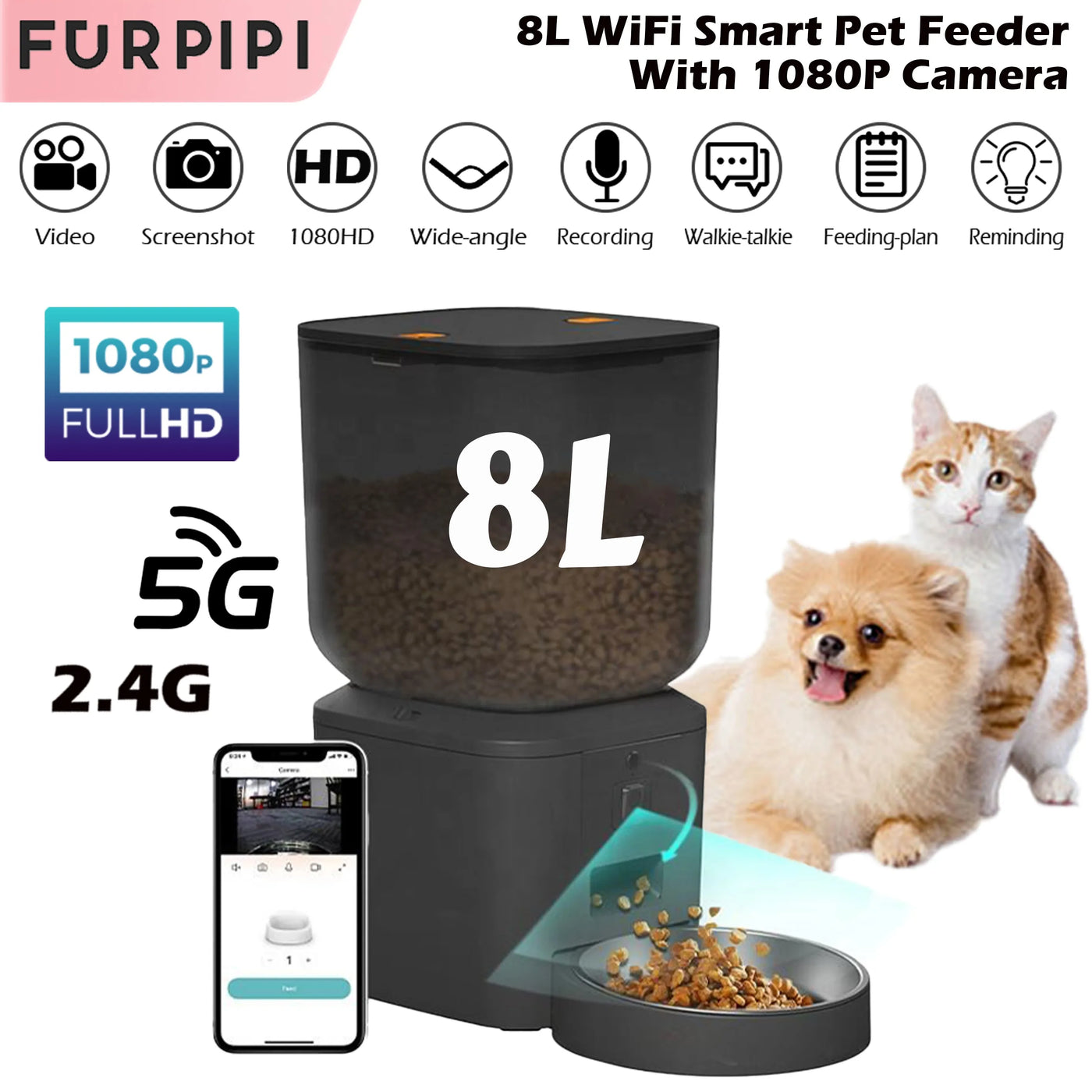 Distributeur de croquettes pour chat 8L, caméra et WiFi