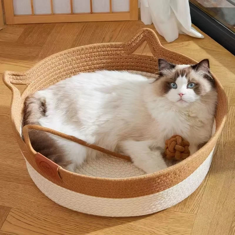 Panier pour chat rond, rotin semi-fermé