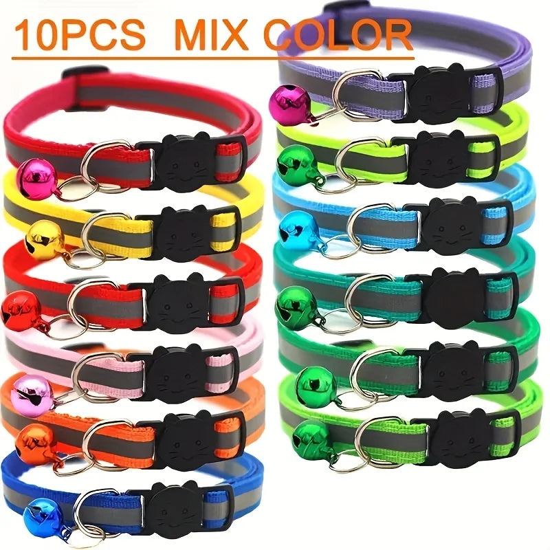 Lot de 10 colliers réfléchissants pour chat, avec clochette et oreilles de chat