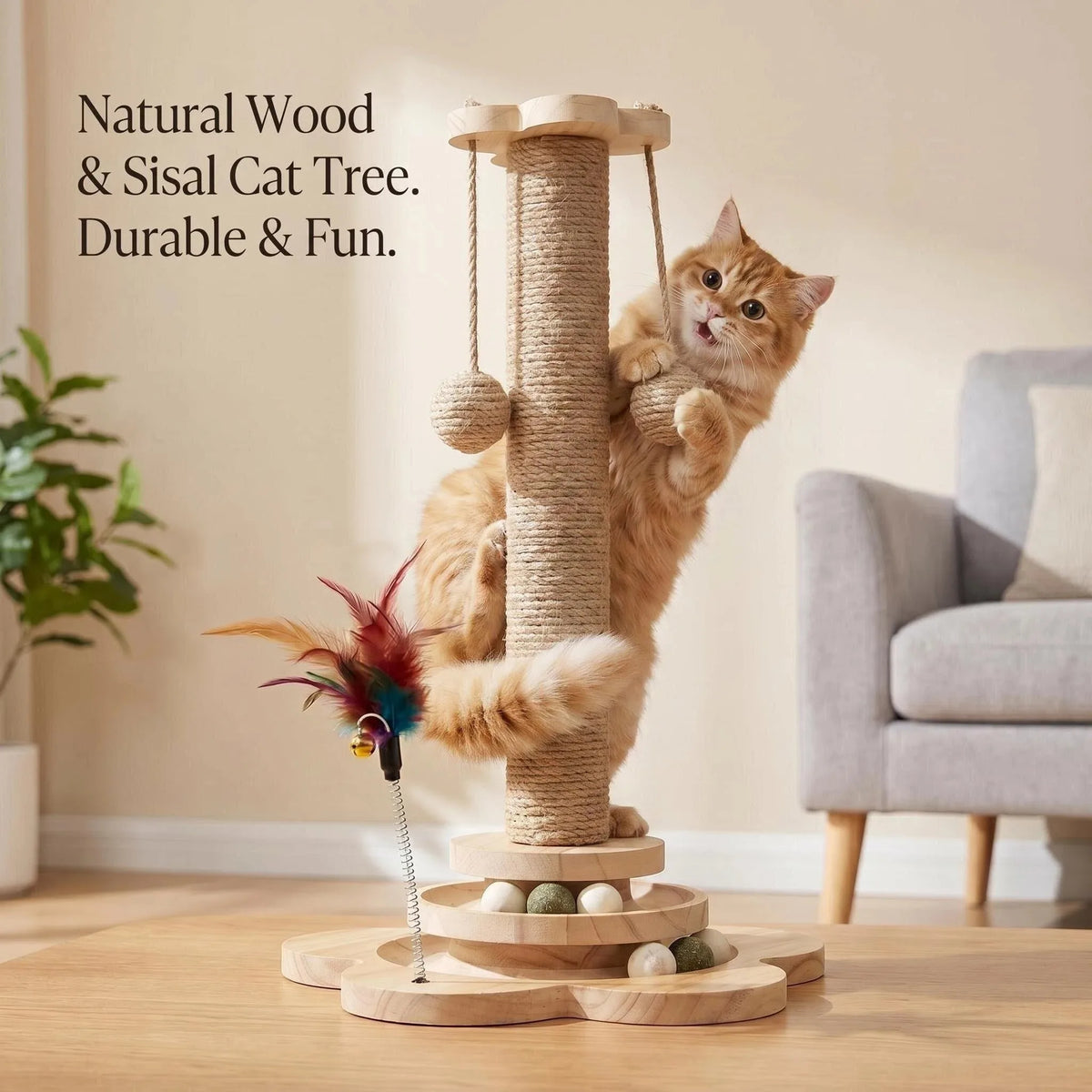 Griffoir arbre à chat en bois naturel, plateforme rotative