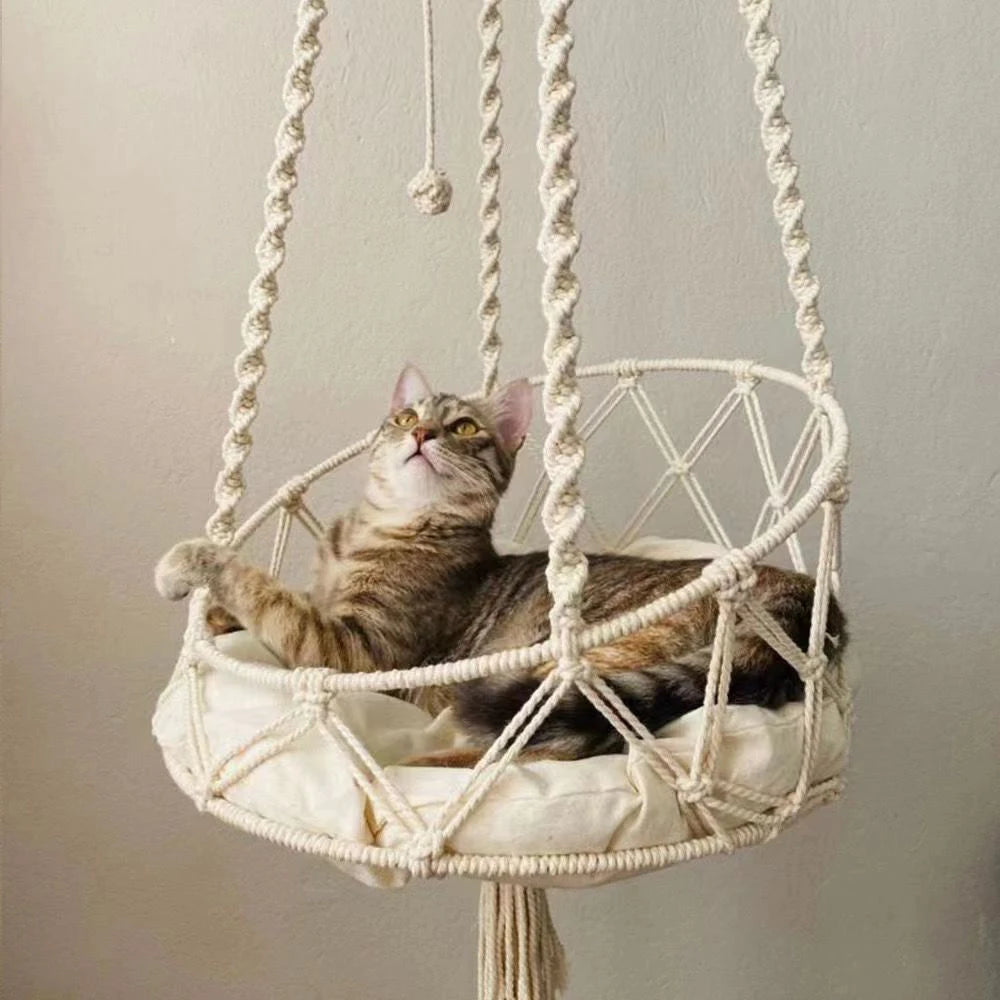Hamac suspendu macramé pour chat, coton tissé main, style bohème