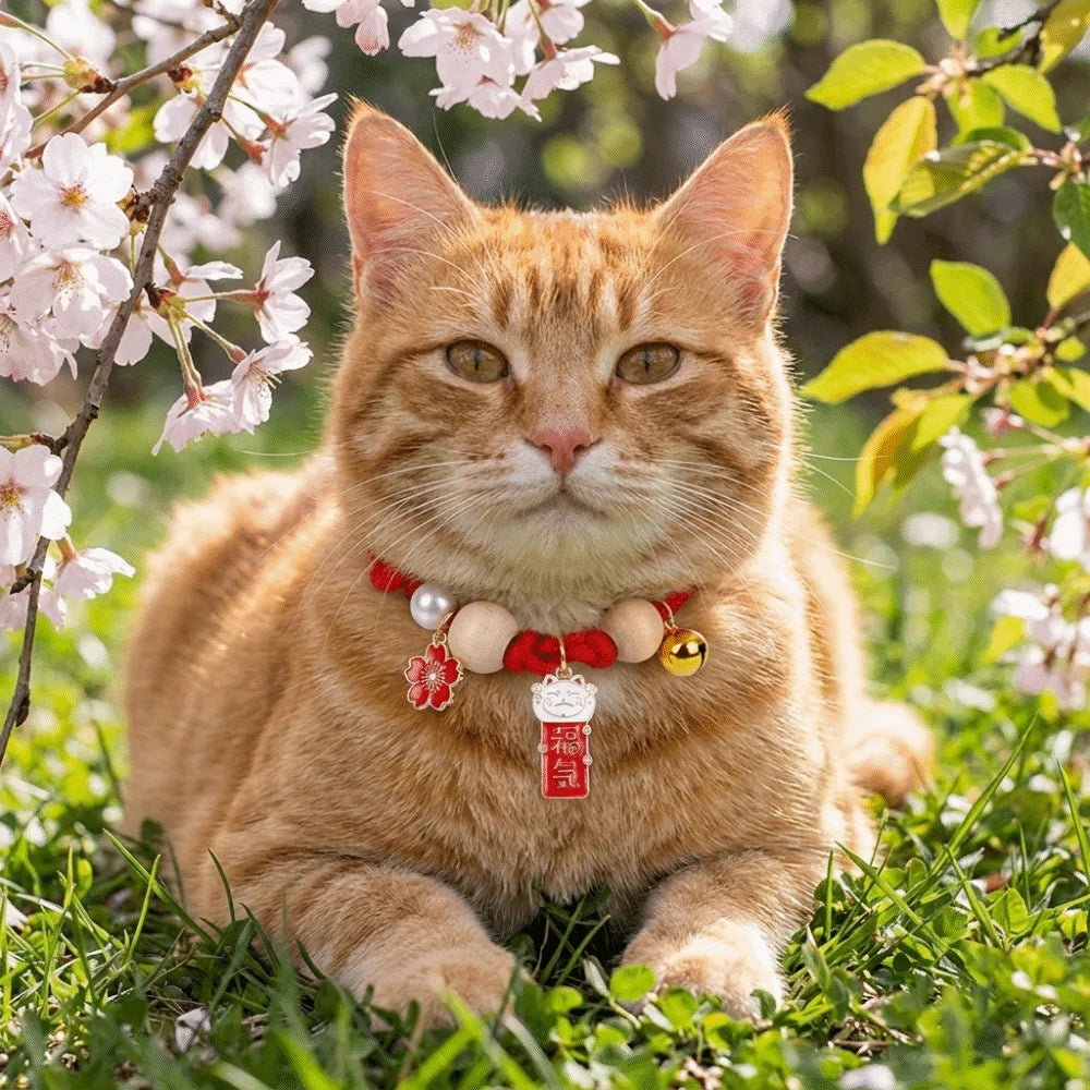 Collier anti-puces artisanal pour chat, perles en bois et clochette