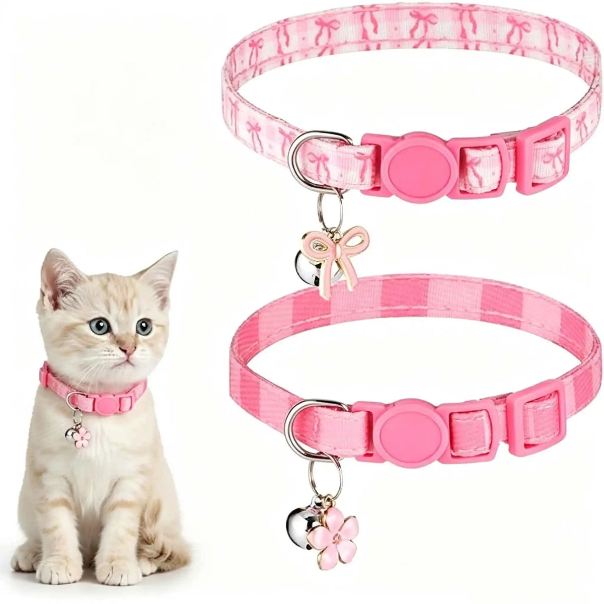 Collier rose pour chat avec nœud, clochette et pendentif fleur