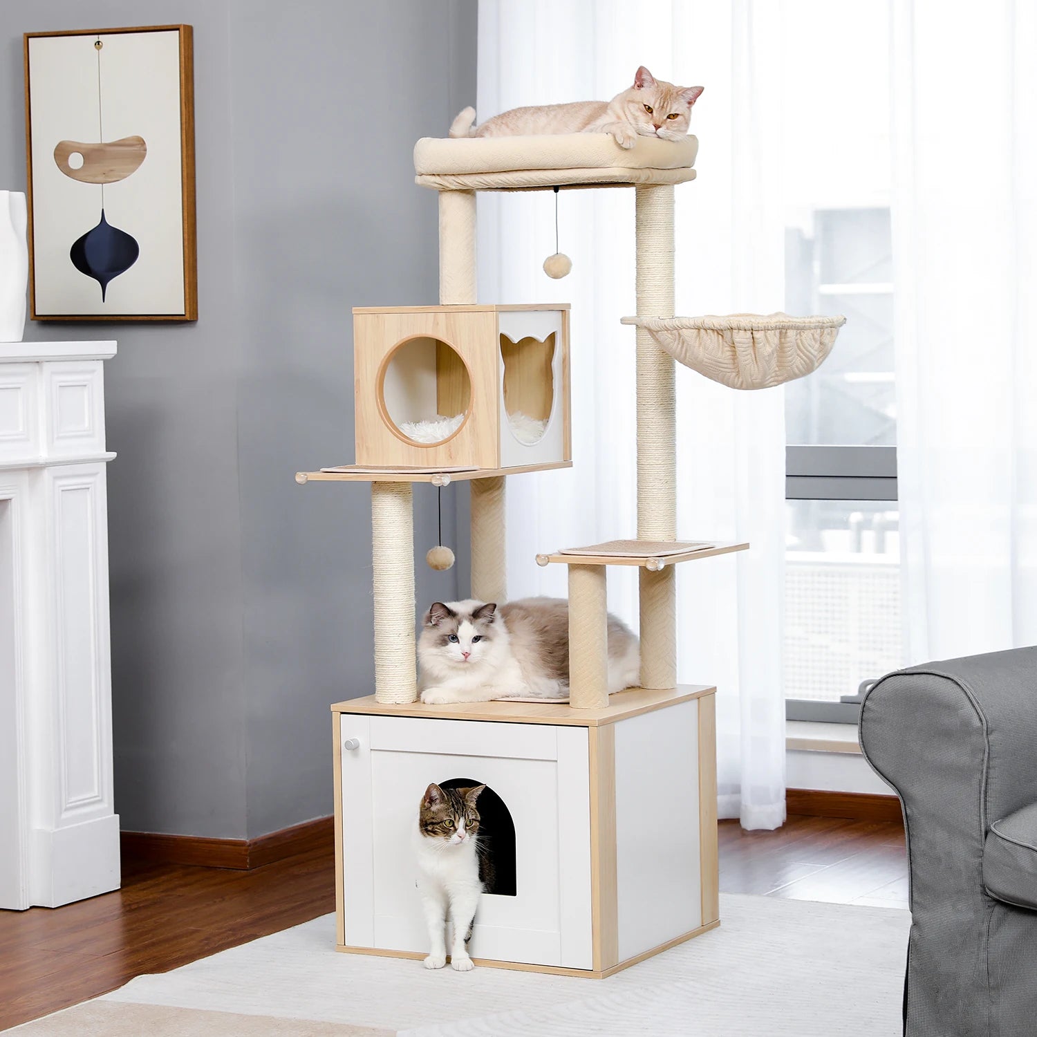 Arbre à chat en bois avec bac à litière intégré