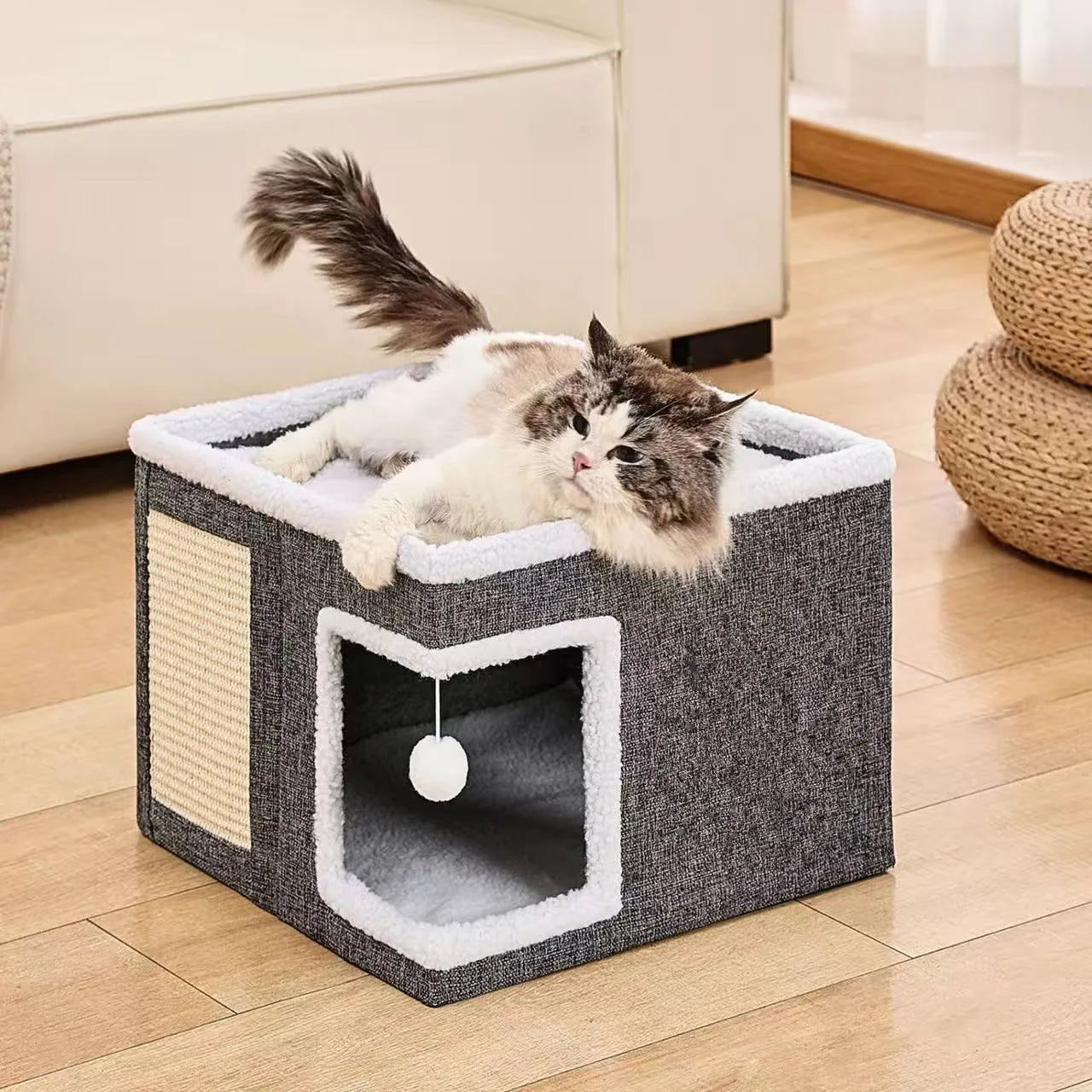 Grotte pour chat pliable, boule suspendue