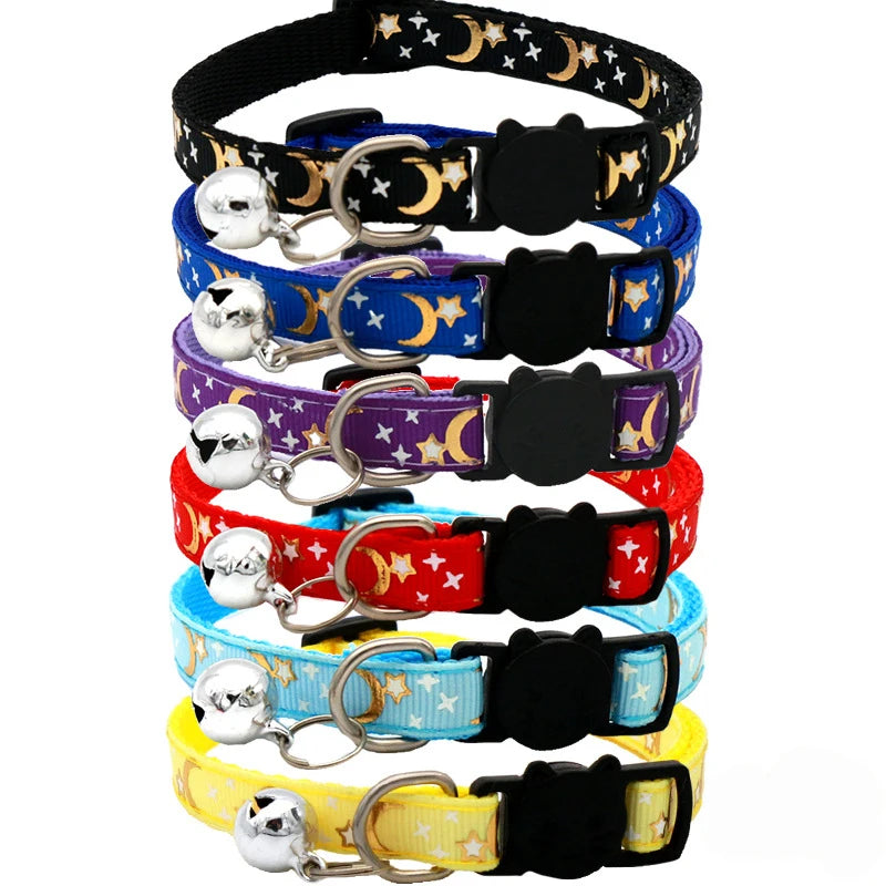 Collier pour chat avec clochette, motif étoile et lune, boucle de sécurité