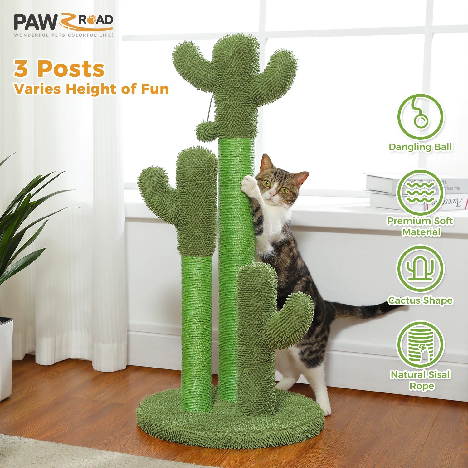 Griffoir cactus pour chat, 3 poteaux sisal