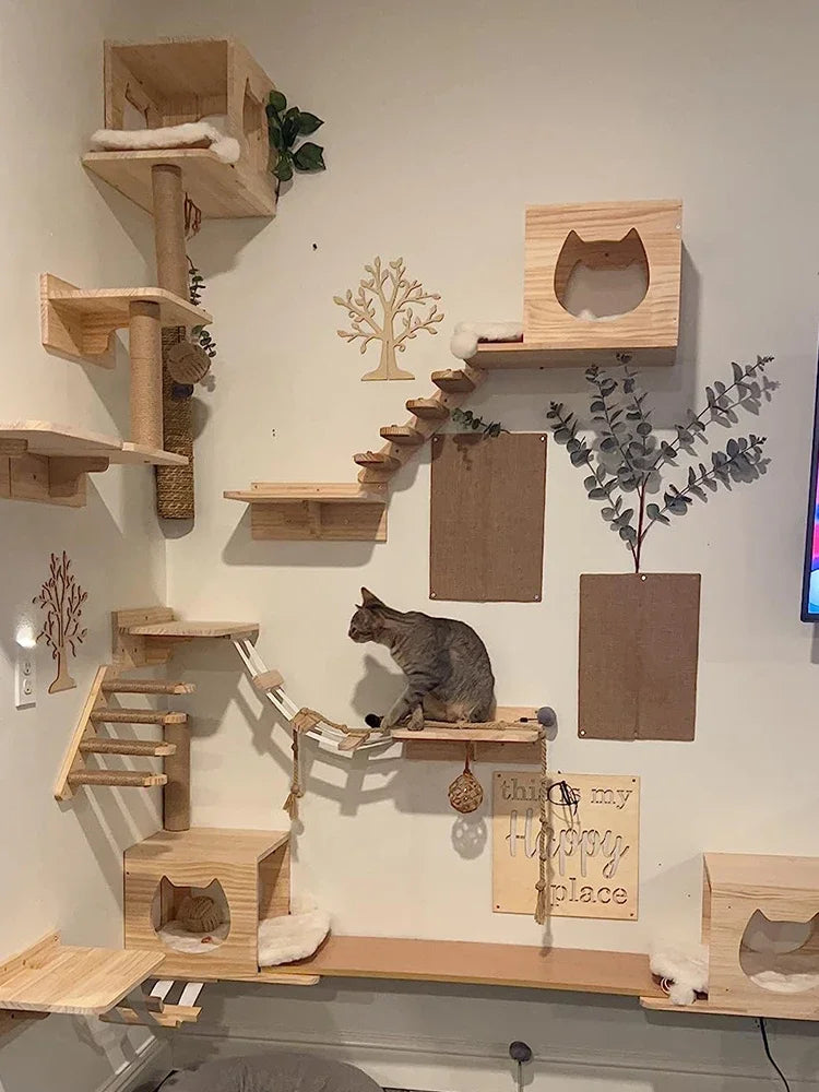 Parcours mural zigzag pour chat avec niche
