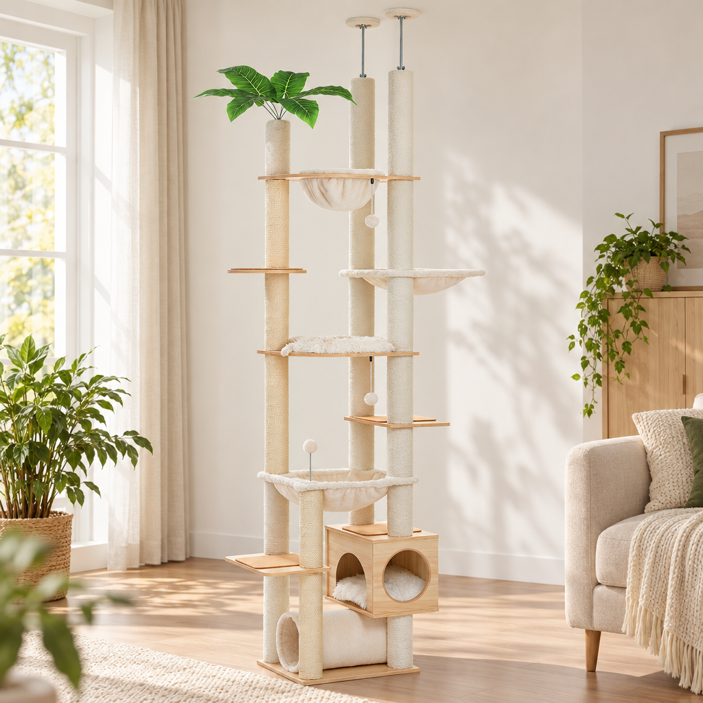 Arbre à chat sol-plafond beige, hauteur réglable